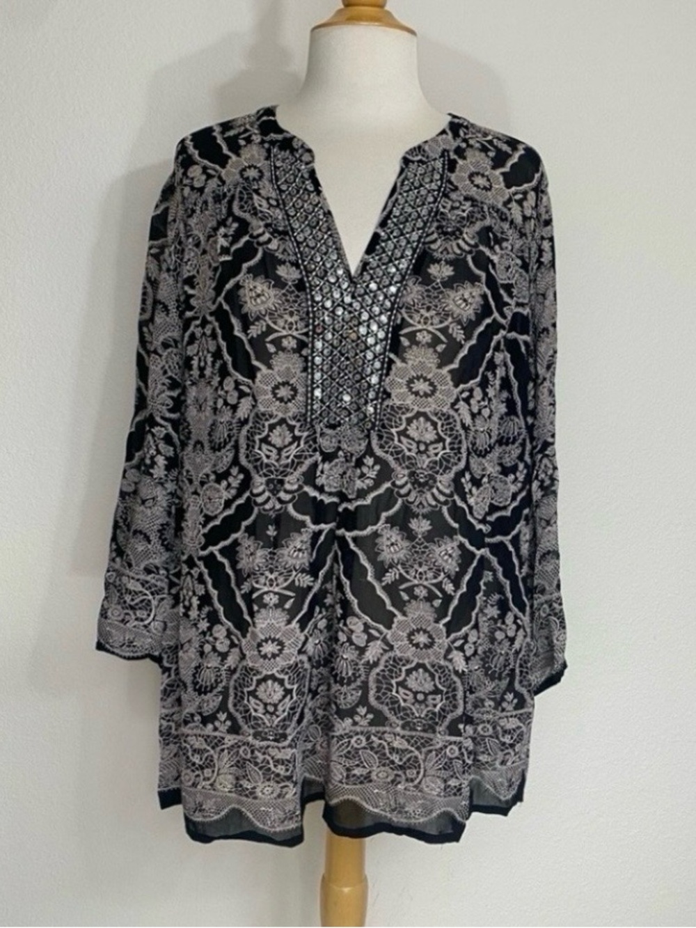Bila Womens Black Gray Paisley Sequins Sheer 3/4 Sleeve Tunic Blouse XXL Boho